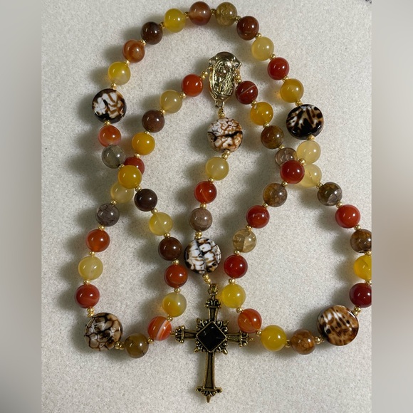 Hand strung Heirloom Rosary Earth tones with Gold accents One of A Kind - Picture 2 of 3
